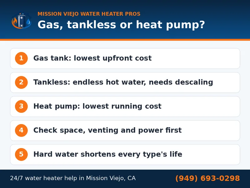 Graphic comparing gas tank, tankless and heat pump water heaters for Mission Viejo homes