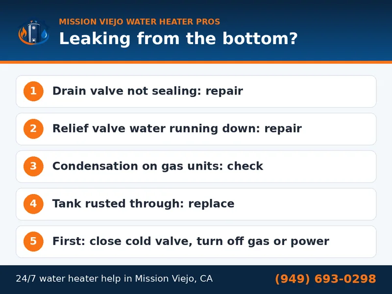 Graphic showing 4 reasons a water heater leaks from the bottom and the first steps to take