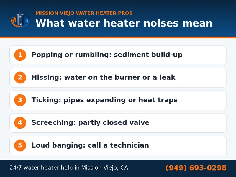Graphic explaining what popping, hissing, ticking and banging water heater noises mean