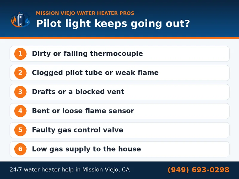 Graphic listing six reasons a gas water heater pilot light keeps going out