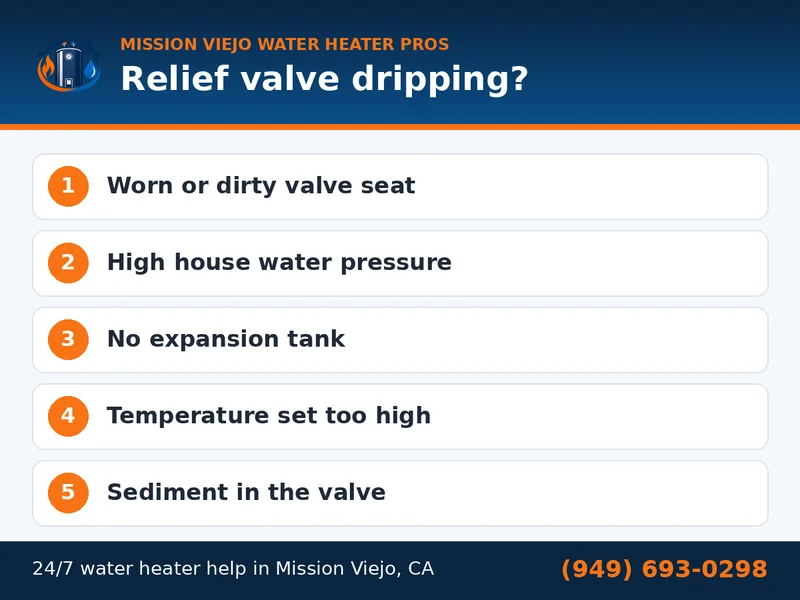 Graphic listing common causes of a leaking water heater temperature and pressure relief valve
